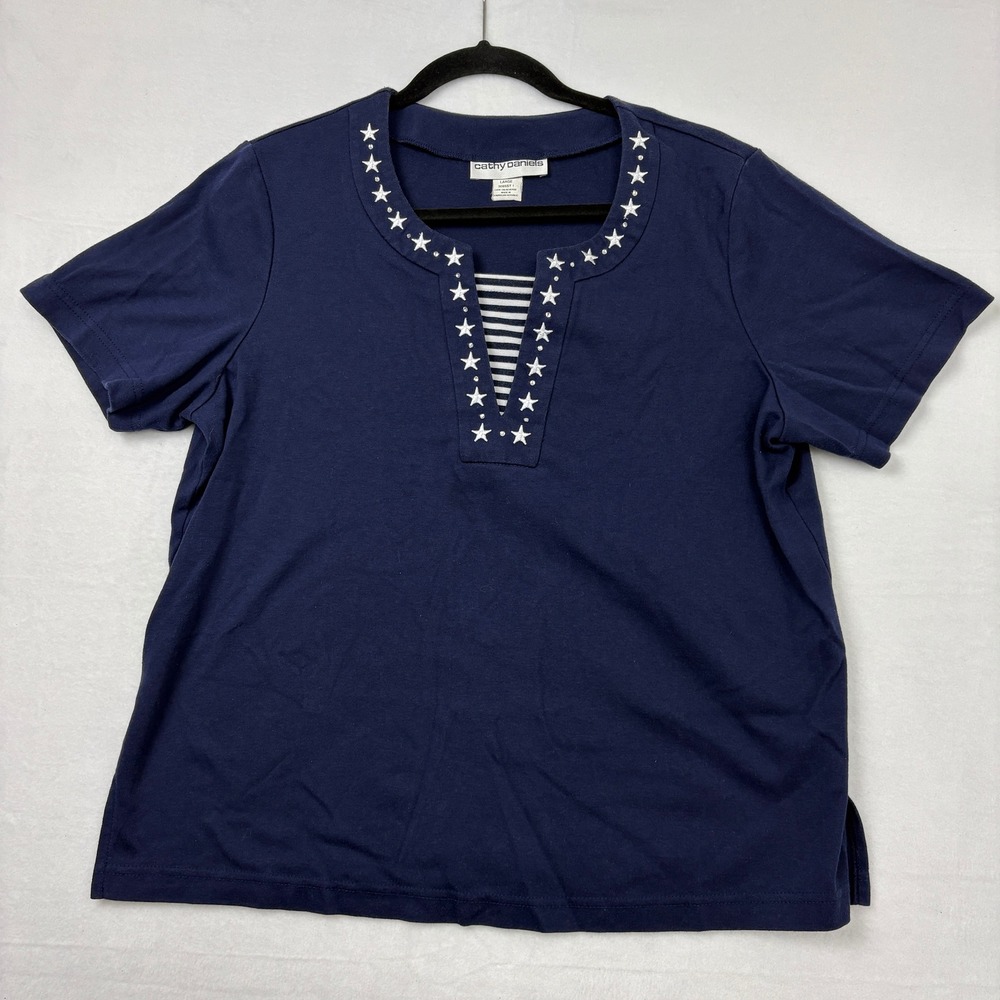 Cathy Daniels Womens Navy Blue Patriotic Star Striped Tunic Top Large B1